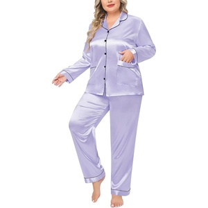 SWOMOG Women Plus Size Long Sleeve Pajamas Silk Satin Pajama Sets Button Down Sleepwear Pjs Loungewear with Pockets(Lavender)