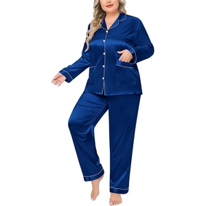 SWOMOG Women Plus Size Long Sleeve Pajamas Silk Satin Pajama Sets Button Down Sleepwear Pjs Loungewear with Pockets(Navy Blue)