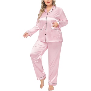 SWOMOG Women Plus Size Long Sleeve Pajamas Silk Satin Pajama Sets Button Down Sleepwear Pjs Loungewear with Pockets(Pink)
