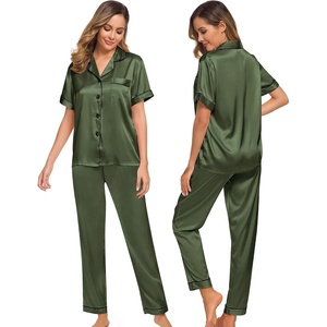 SWOMOG Women Satin Pajamas Set Short Sleeve Top & Pants Sleepwear Silky Button Down Nightwear 2pcs Loungewear Pjs Set(Olive Green)