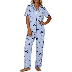 SWOMOG Womens 2 Piece Pajamas Sets Shorts Sleeve Pajamas Cute Pj Set Lounge Matching Pjs Button Shirt with Long Pants(Blue Butterfly)
