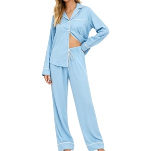 SWOMOG Womens Pajamas Set Long Sleeve Sleepwear Button Down Nightwear Soft Cotton Pj Lounge Sets(Light Blue)