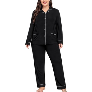 SWOMOG Women’s Plus Size Pajamas Set with 2 Pockets Long Sleeve Button Down Sleepwear Soft PJs Pants Postpartum Lounge Sets(Black)