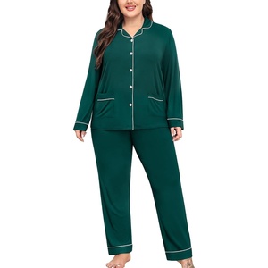 SWOMOG Women’s Plus Size Pajamas Set with 2 Pockets Long Sleeve Button Down Sleepwear Soft PJs Pants Postpartum Lounge Sets(Green)