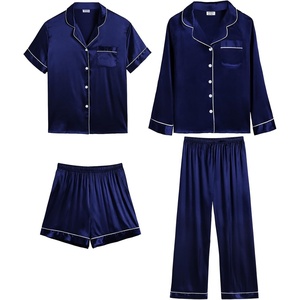 SWOMOG Womens Silk Satin Pajamas Sets 4pcs Loungewear Sexy Cami Shorts Set Button Down Long Sleeve Pjs Sleepwear(Long Sleeve Classic-navy Blue)