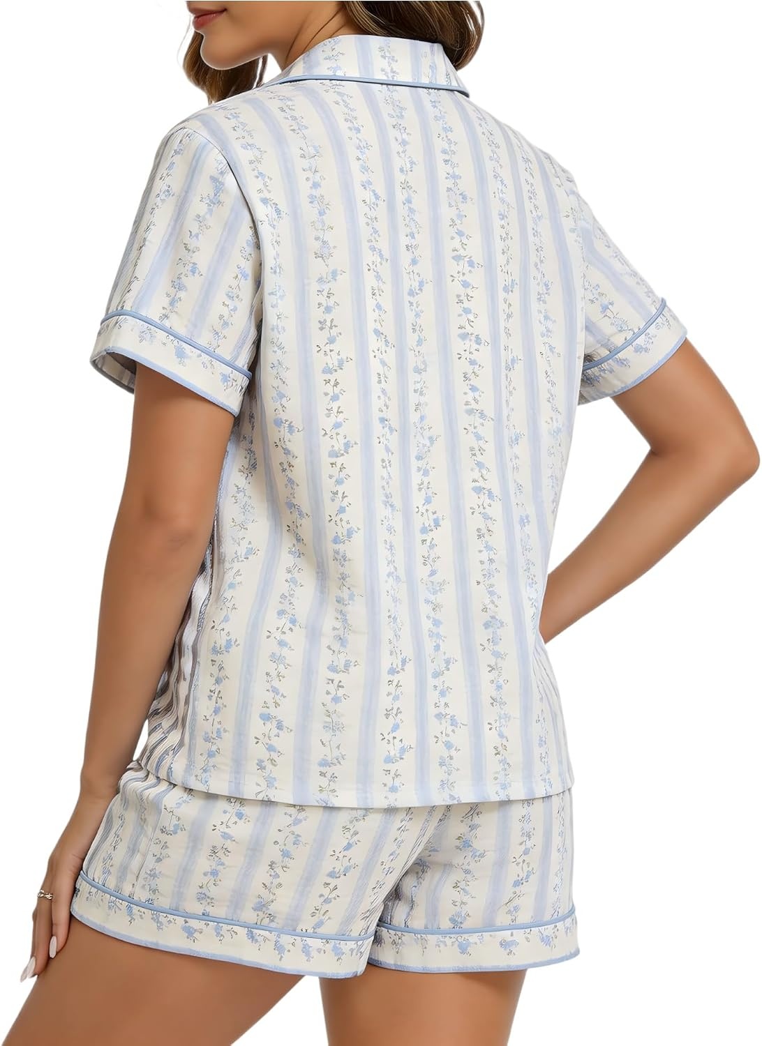 image:imageSWOMOG 100 Cotton Pajamas for Women Cute Floral 2 Piece Button Down Sleepwear Set with ShortsBlue Stripe Floral