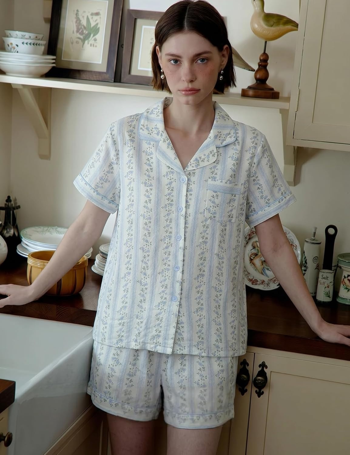 image:imageSWOMOG 100 Cotton Pajamas for Women Cute Floral 2 Piece Button Down Sleepwear Set with ShortsBlue Stripe Floral