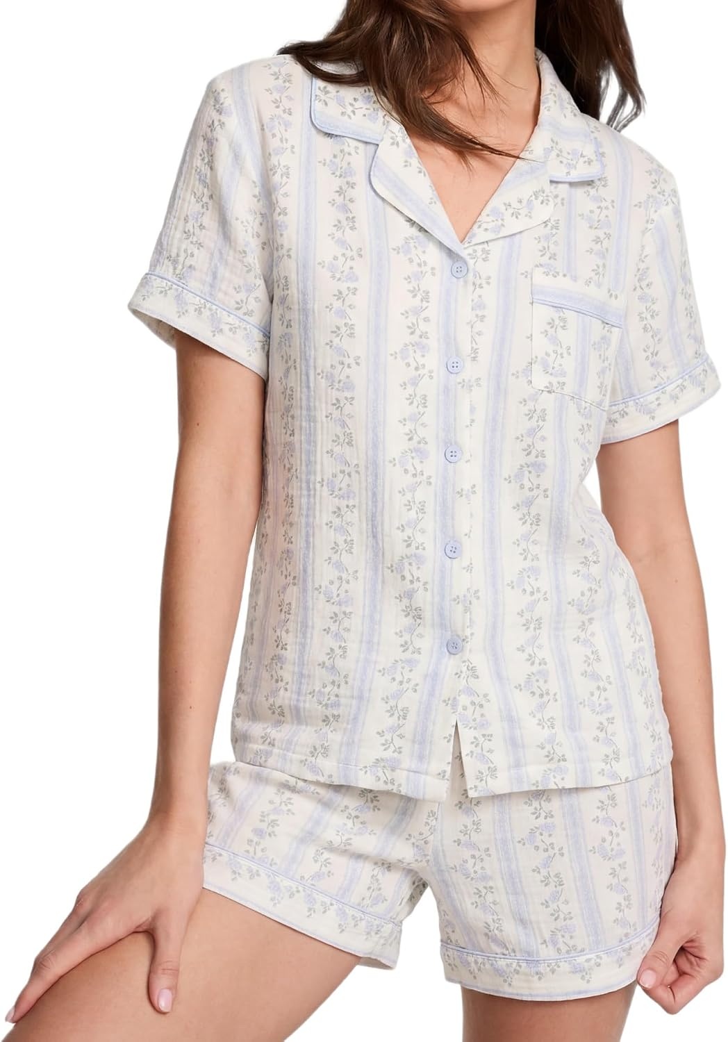 image:imageSWOMOG 100 Cotton Pajamas for Women Cute Floral 2 Piece Button Down Sleepwear Set with ShortsBlue Stripe Floral