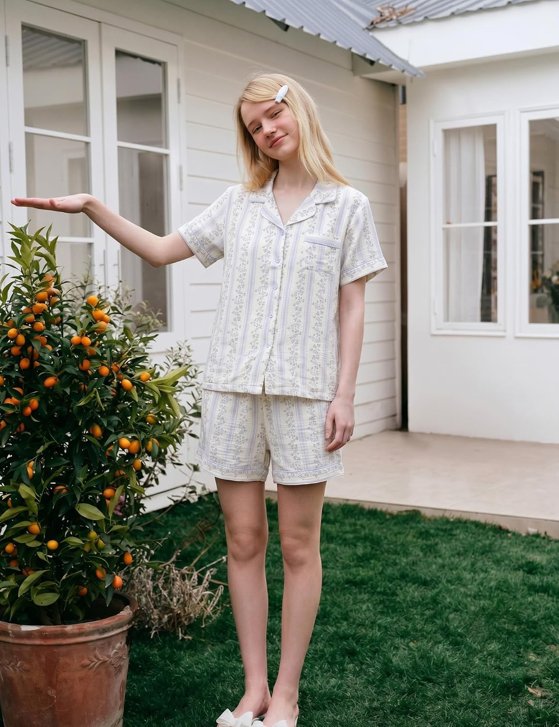 image:imageSWOMOG 100 Cotton Pajamas for Women Cute Floral 2 Piece Button Down Sleepwear Set with ShortsBlue Stripe Floral