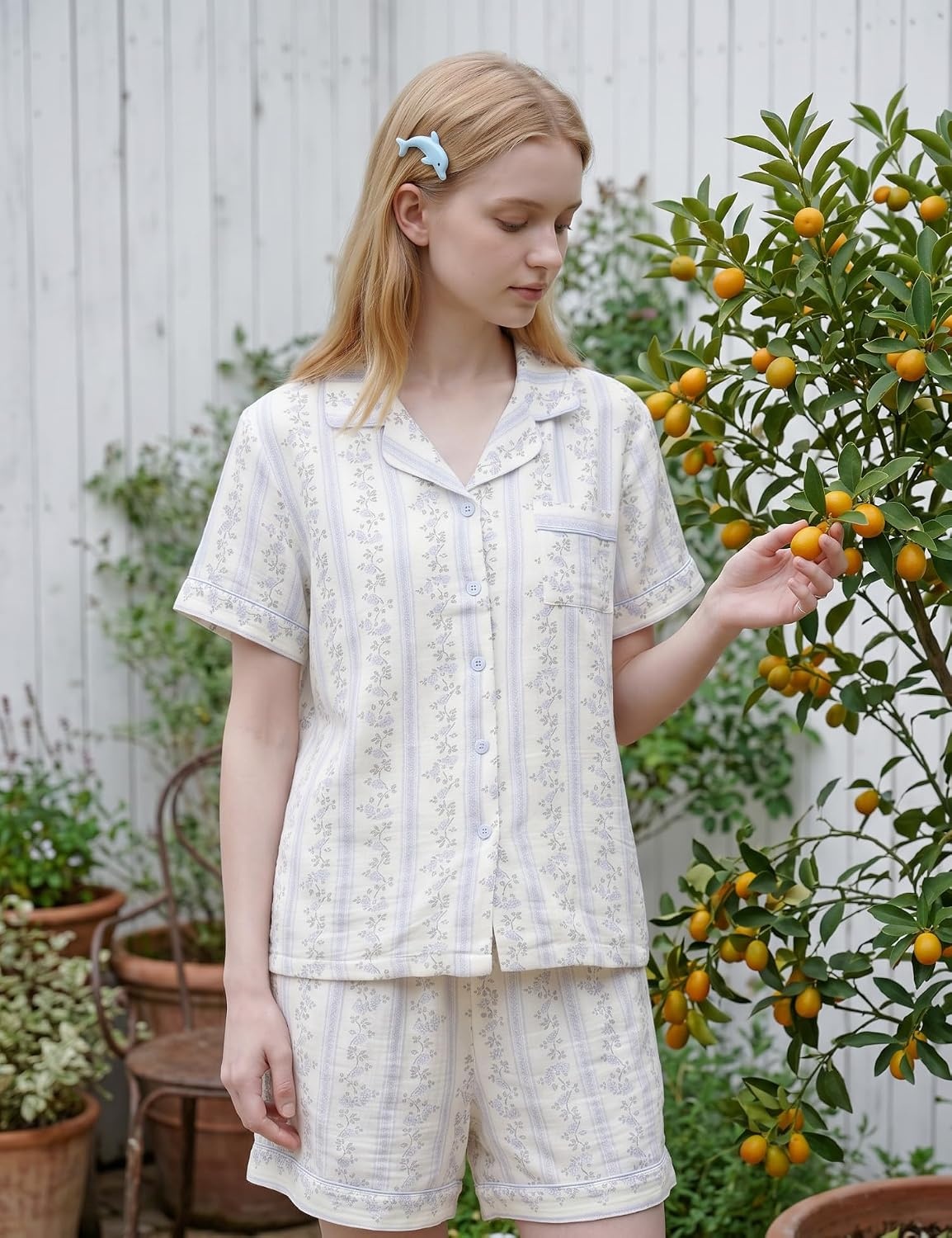 image:imageSWOMOG 100 Cotton Pajamas for Women Cute Floral 2 Piece Button Down Sleepwear Set with ShortsBlue Stripe Floral