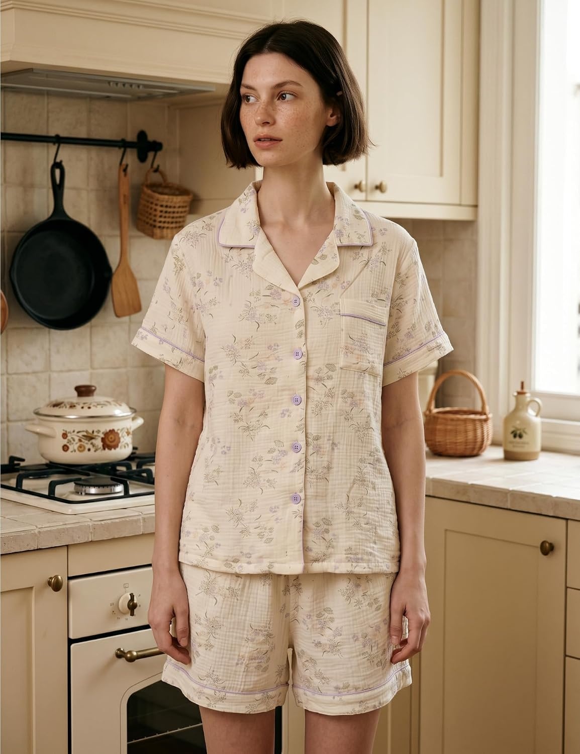 image:imageSWOMOG 100 Cotton Pajamas for Women Cute Floral 2 Piece Button Down Sleepwear Set with ShortsLight Purple Flower