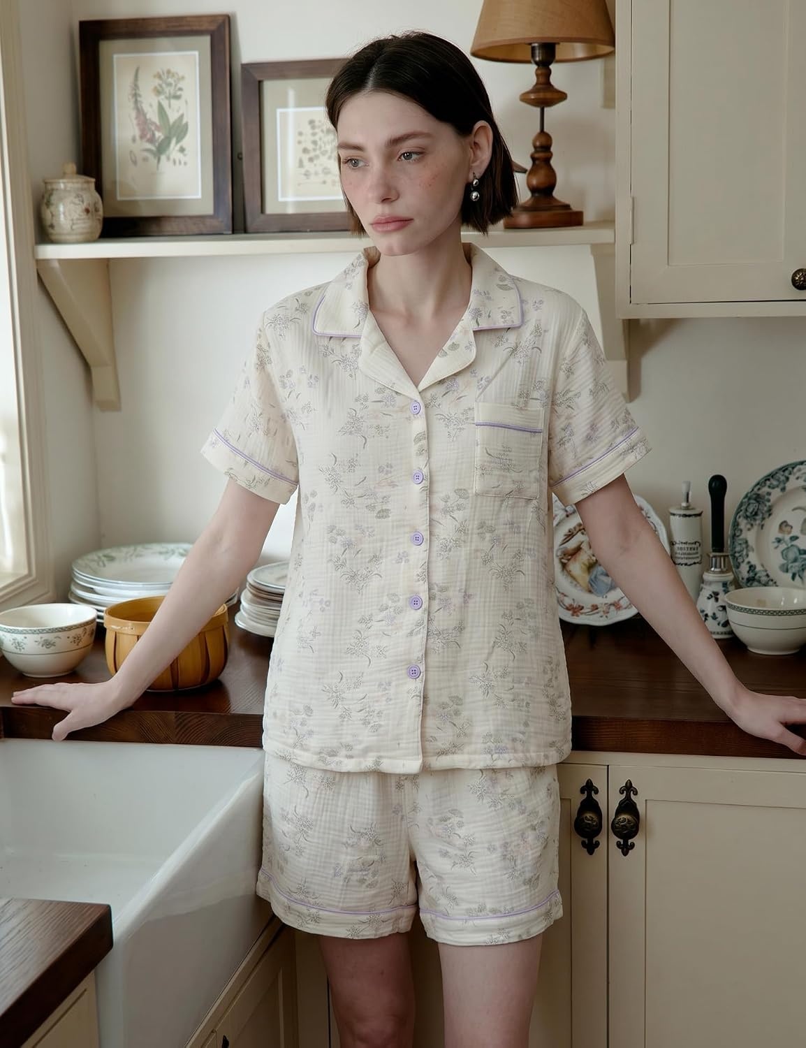 image:imageSWOMOG 100 Cotton Pajamas for Women Cute Floral 2 Piece Button Down Sleepwear Set with ShortsLight Purple Flower
