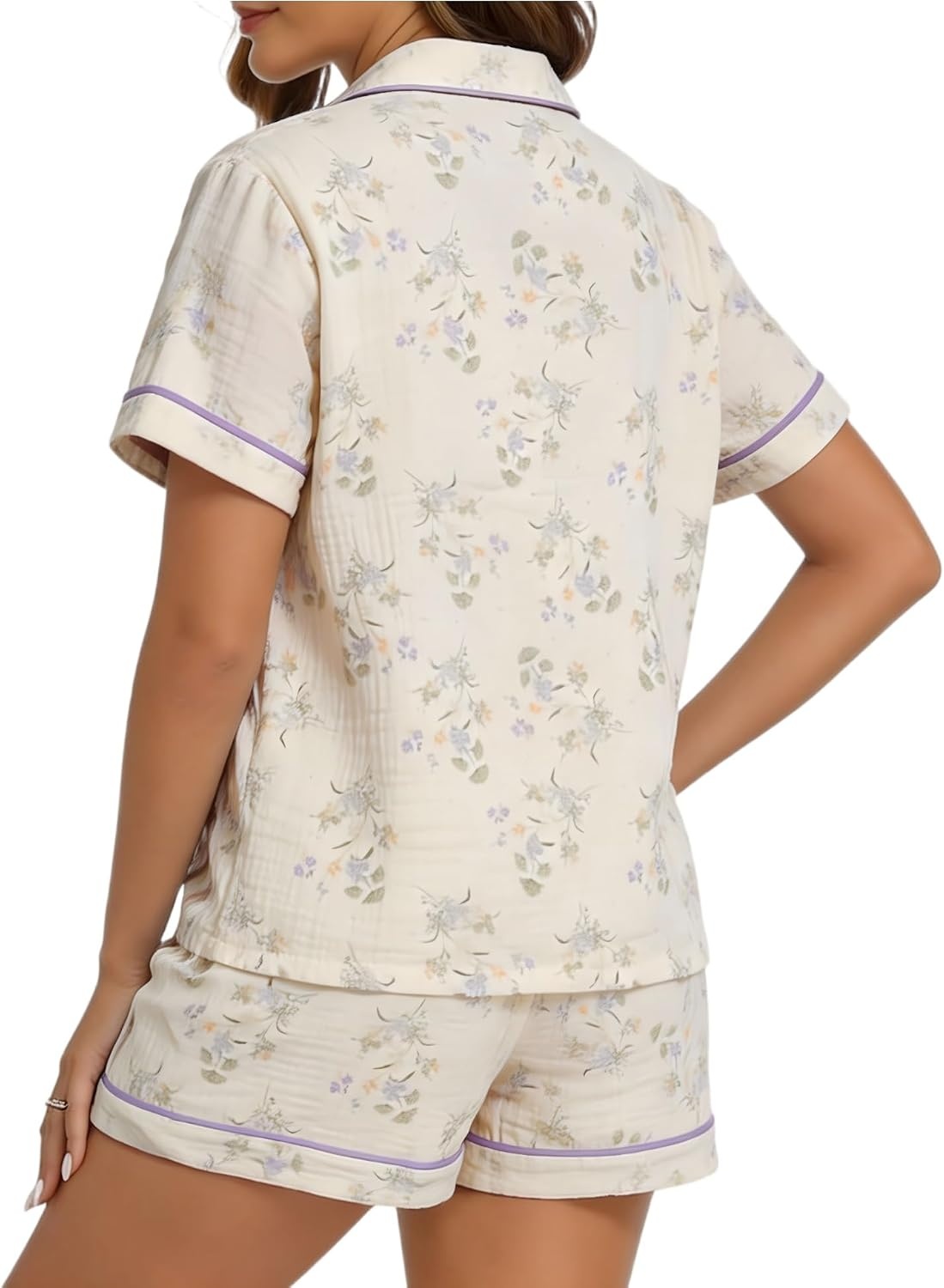 image:imageSWOMOG 100 Cotton Pajamas for Women Cute Floral 2 Piece Button Down Sleepwear Set with ShortsLight Purple Flower