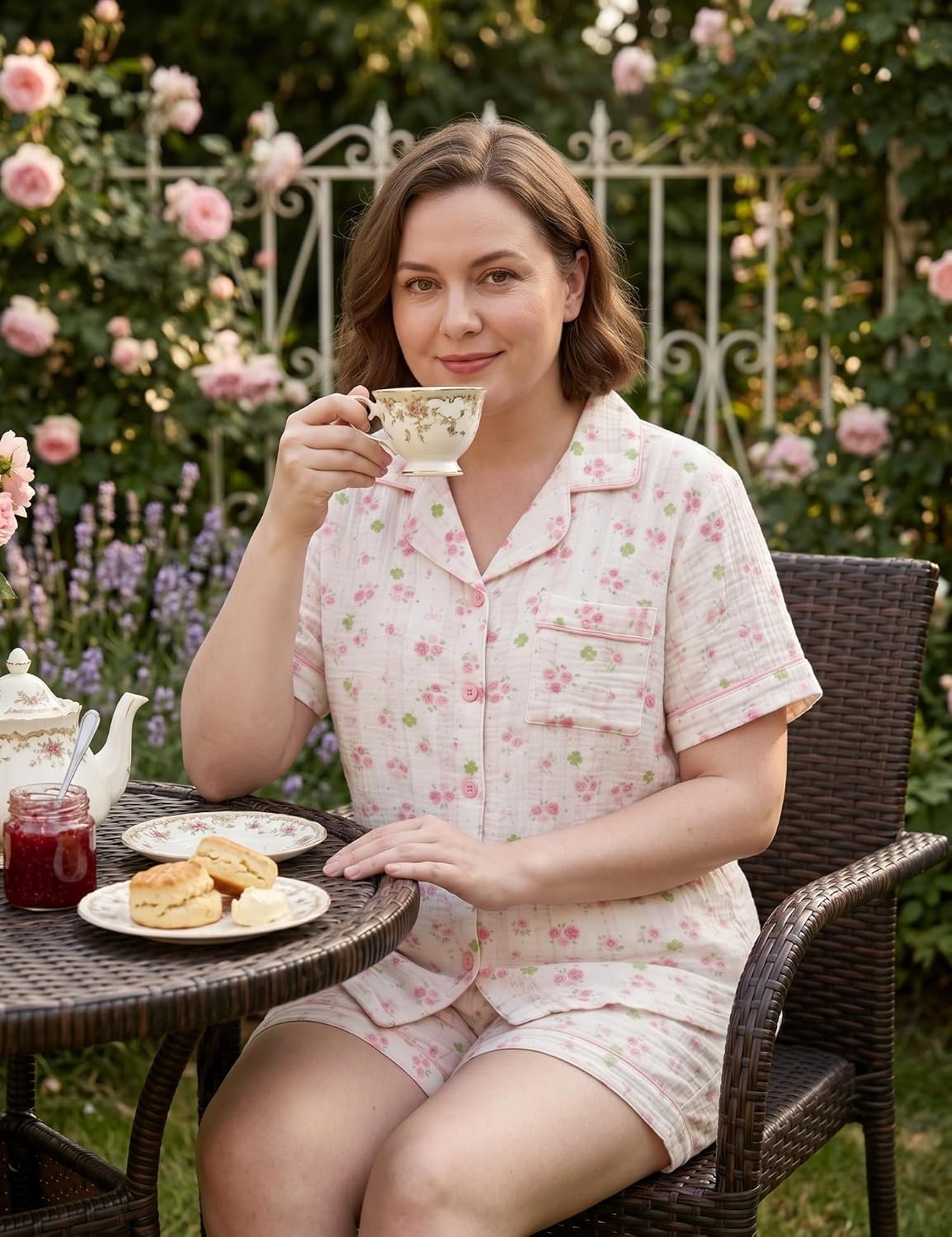 image:imageSWOMOG 100 Cotton Pajamas for Women Cute Floral 2 Piece Button Down Sleepwear Set with ShortsPink Rose Floral