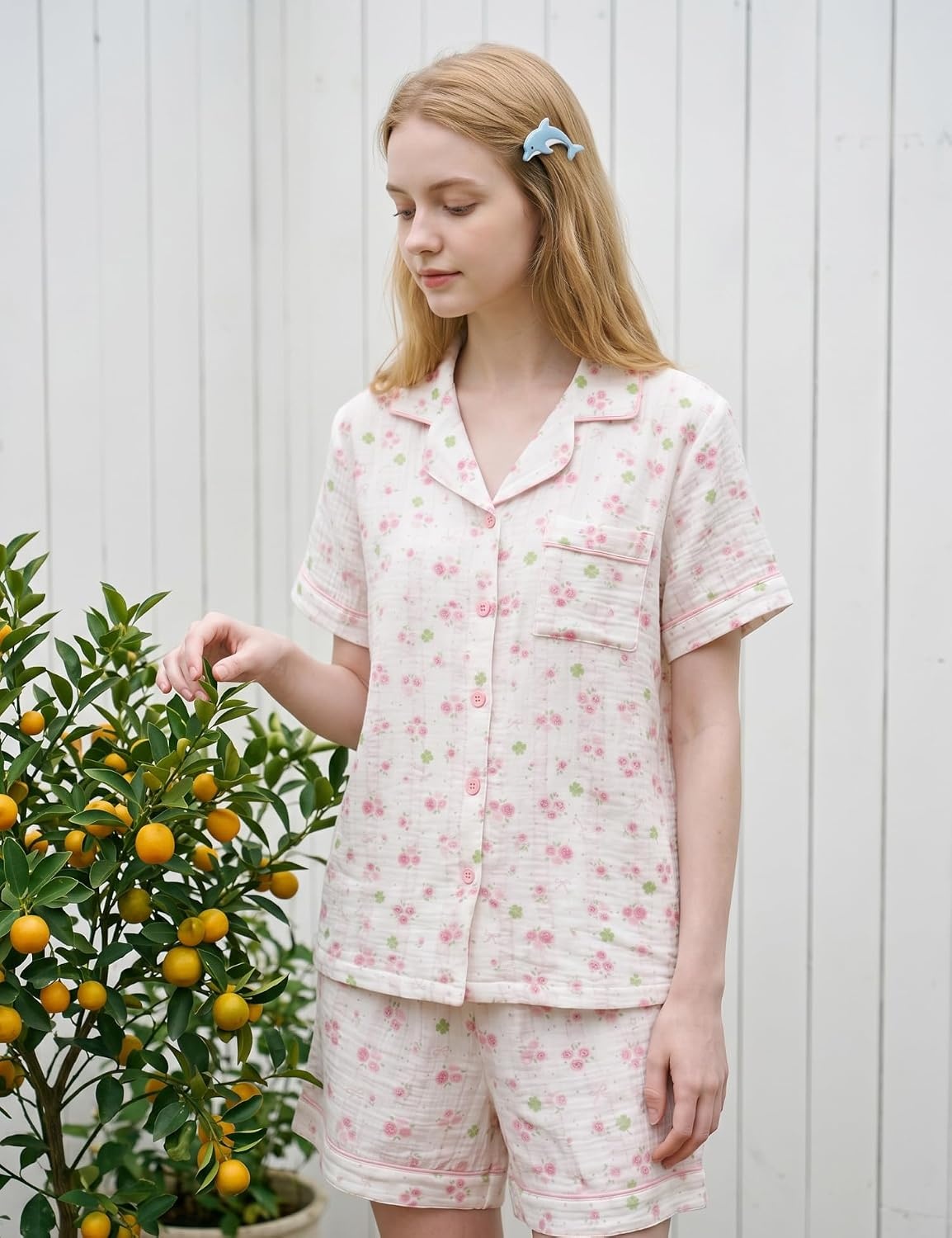 image:imageSWOMOG 100 Cotton Pajamas for Women Cute Floral 2 Piece Button Down Sleepwear Set with ShortsPink Rose Floral