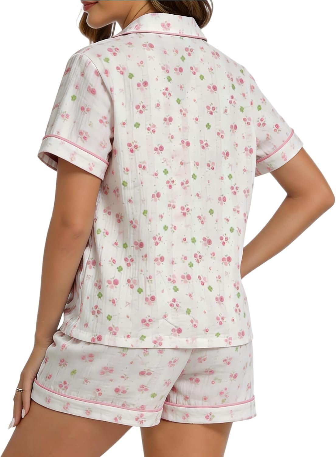 image:imageSWOMOG 100 Cotton Pajamas for Women Cute Floral 2 Piece Button Down Sleepwear Set with ShortsPink Rose Floral
