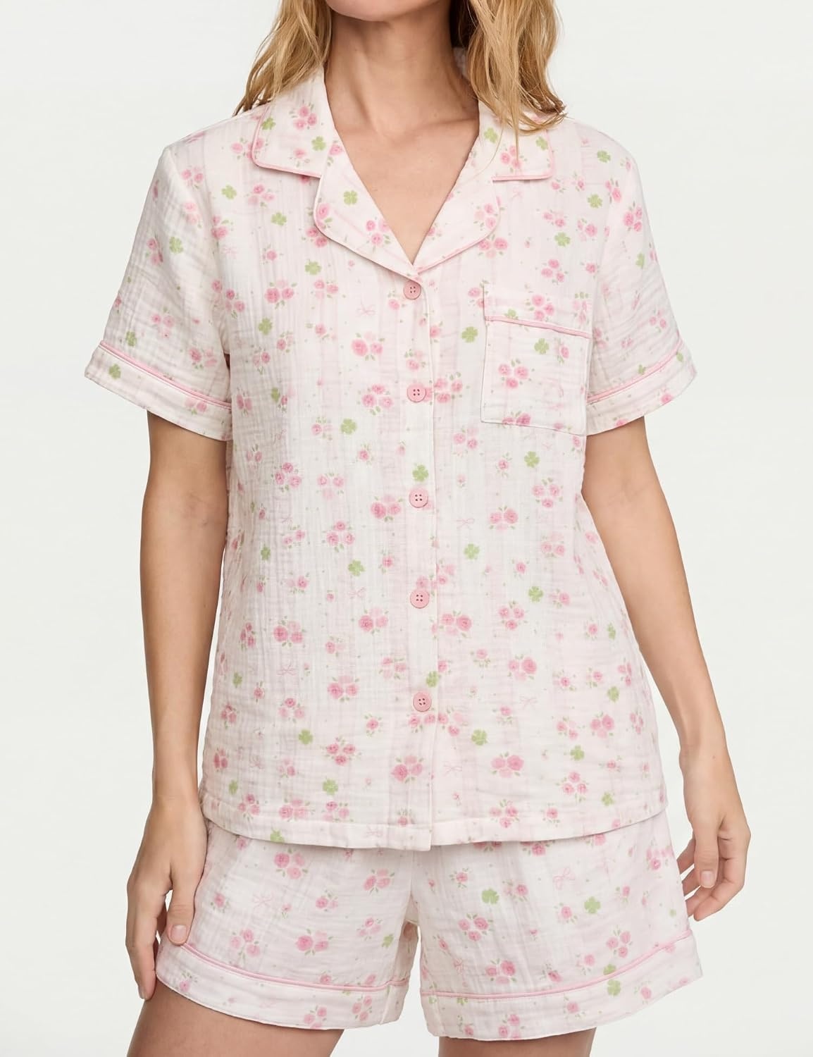 image:imageSWOMOG 100 Cotton Pajamas for Women Cute Floral 2 Piece Button Down Sleepwear Set with ShortsPink Rose Floral