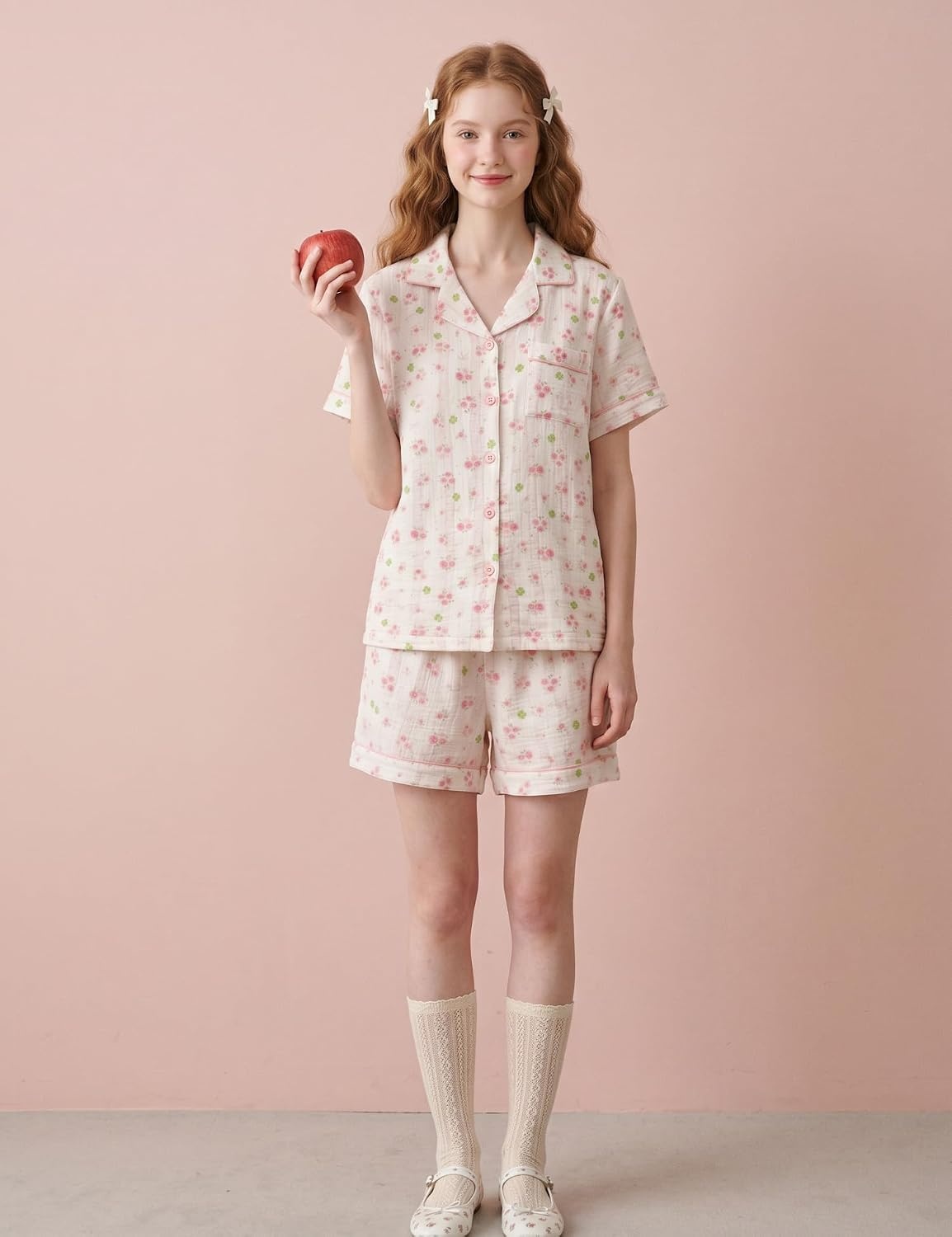 image:imageSWOMOG 100 Cotton Pajamas for Women Cute Floral 2 Piece Button Down Sleepwear Set with ShortsPink Rose Floral
