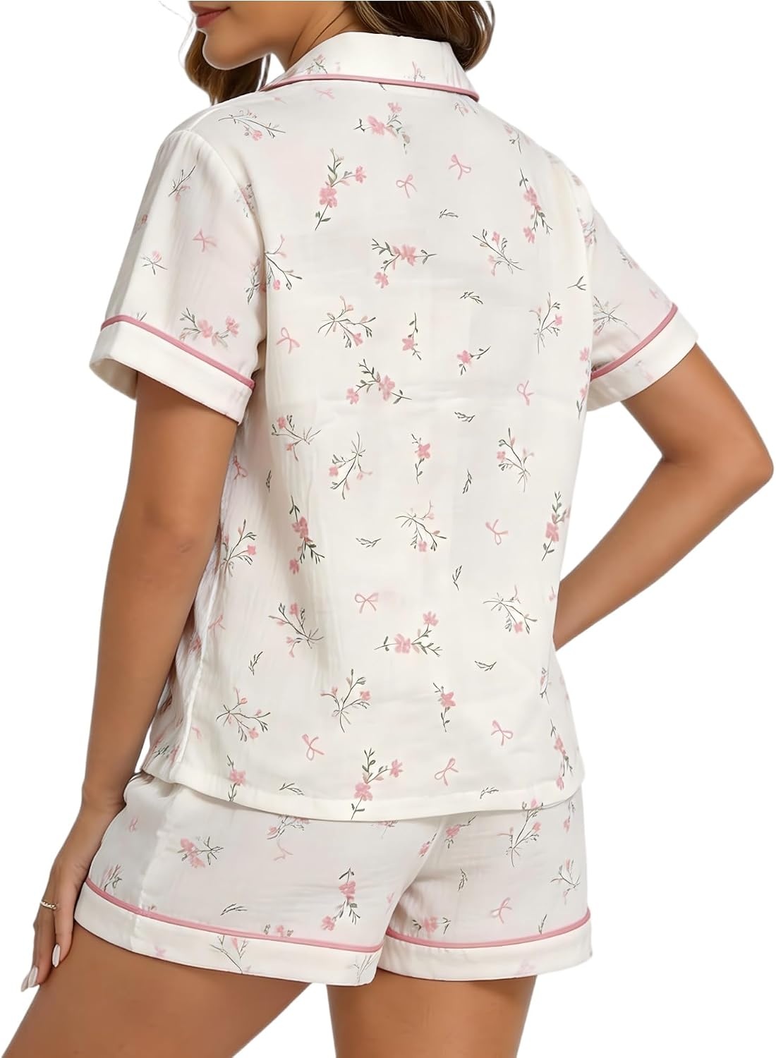 image:imageSWOMOG 100 Cotton Pajamas for Women Cute Floral 2 Piece Button Down Sleepwear Set with ShortsWhite Bow Floral