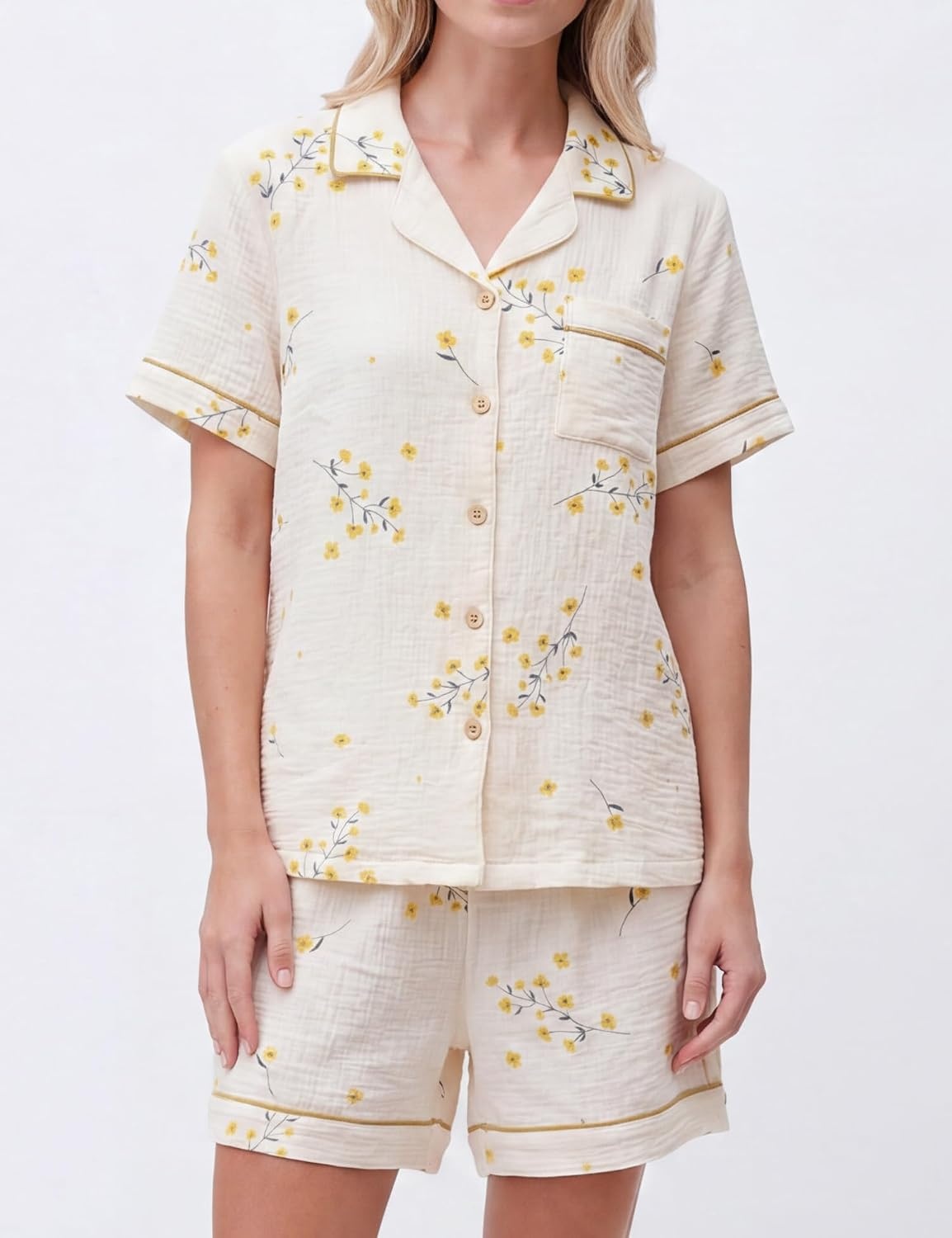 image:imageSWOMOG 100 Cotton Pajamas for Women Cute Floral 2 Piece Button Down Sleepwear Set with ShortsYellow Flower