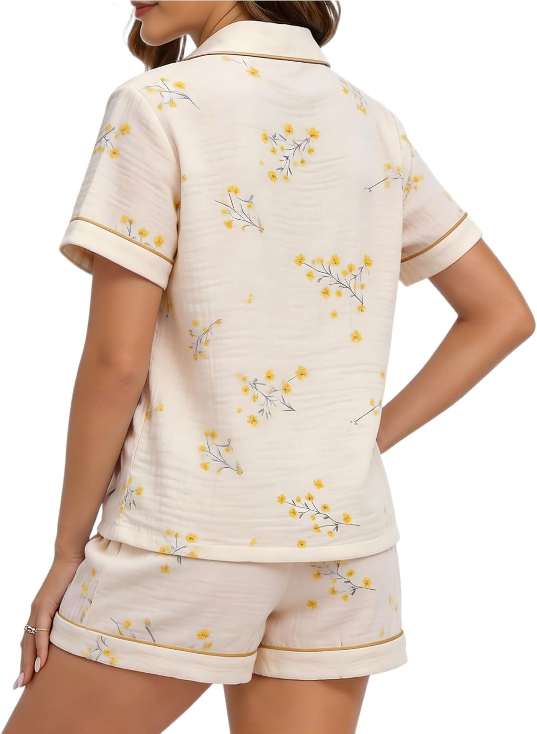 image:imageSWOMOG 100 Cotton Pajamas for Women Cute Floral 2 Piece Button Down Sleepwear Set with ShortsYellow Flower