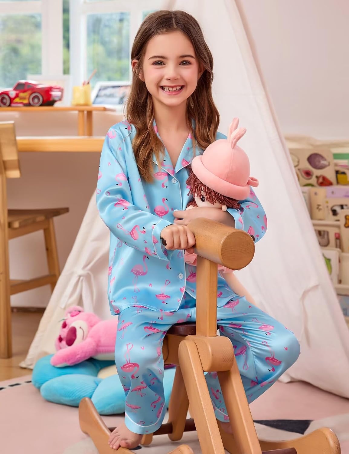 image:imageSWOMOG Girls Silk Pajama Button Down Cute Print Kids PJs Sets Pant 3 pcs Toddler Sleepwear Lounge Sets with Short TopBlue Champagne
