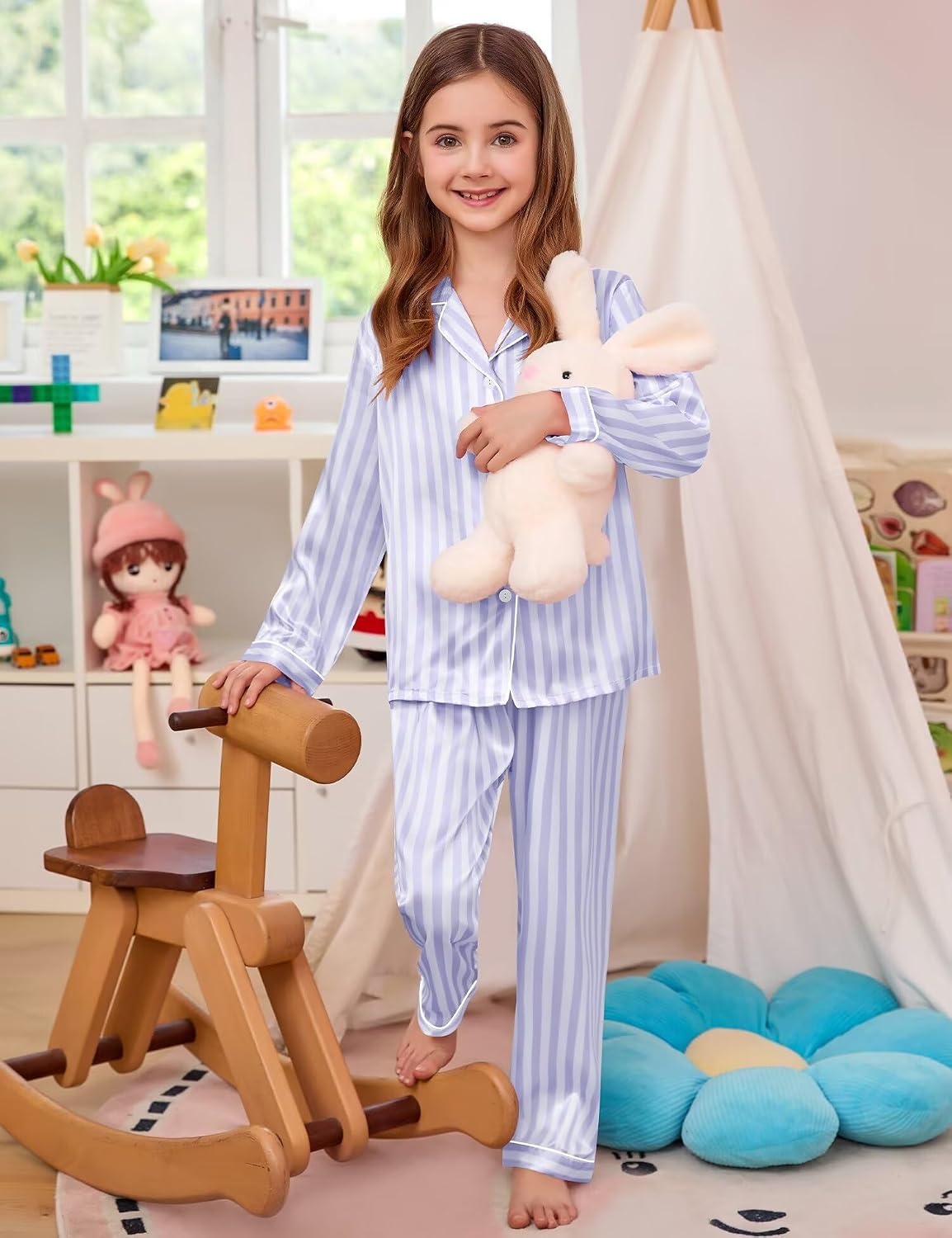 image:imageSWOMOG Girls Silk Pajama Button Down Cute Print Kids PJs Sets Pant 3 pcs Toddler Sleepwear Lounge Sets with Short TopBlue Striped