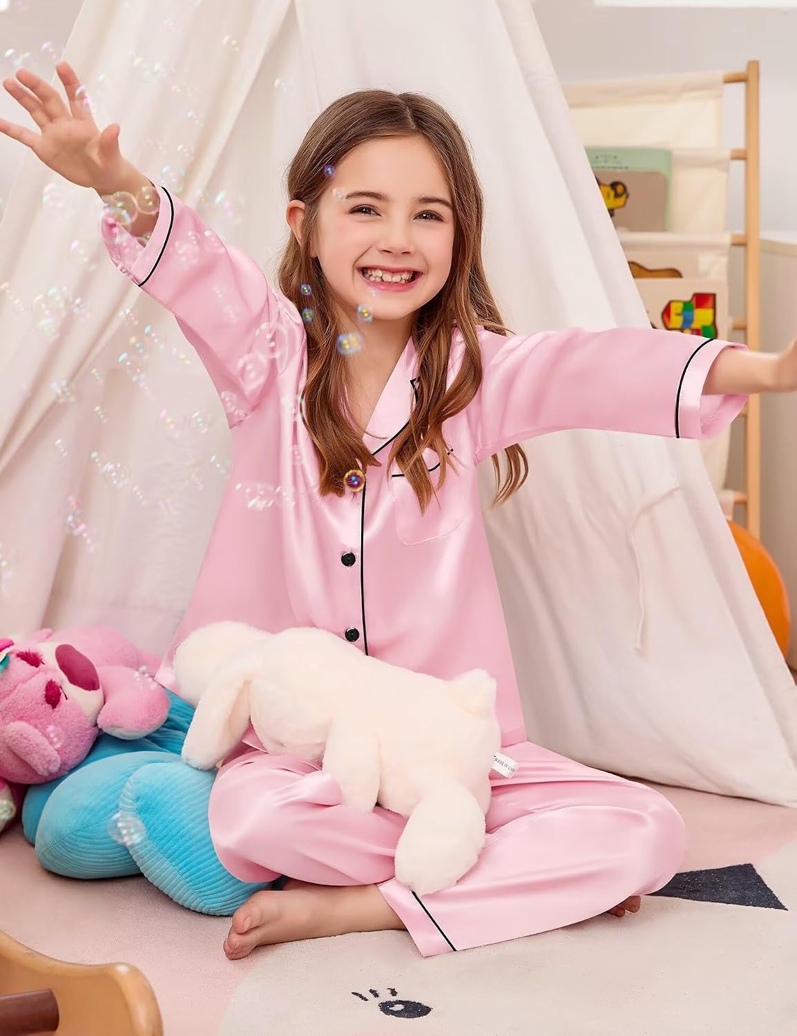 image:imageSWOMOG Girls Silk Pajama Button Down Cute Print Kids PJs Sets Pant 3 pcs Toddler Sleepwear Lounge Sets with Short TopPink