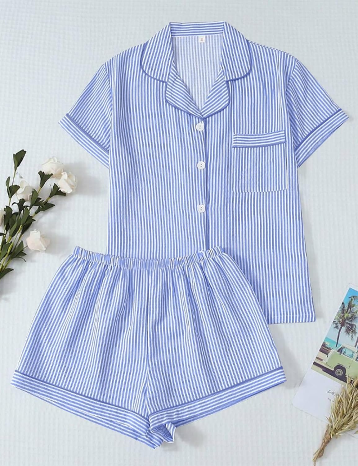 image:imageSWOMOG Women 2 Piece Pajamas Sets Short Sleeve Pj Sets Cute Printed Sleepwear Button Down Shirt with Lounge Shorts SetLight Blue Striped