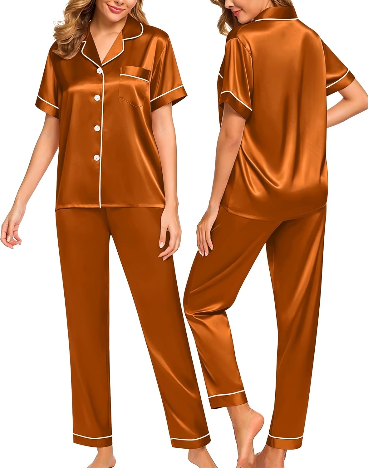 image:imageSWOMOG Women Satin Pajamas Set Short Sleeve Top amp Pants Sleepwear Silky Button Down Nightwear 2pcs Loungewear Pjs SetBurnt Orange