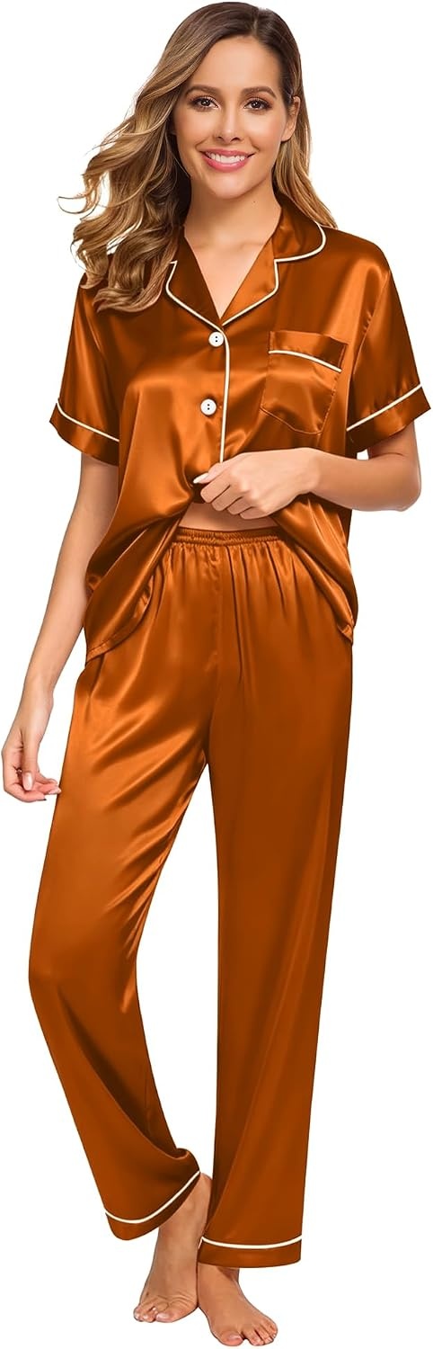image:imageSWOMOG Women Satin Pajamas Set Short Sleeve Top amp Pants Sleepwear Silky Button Down Nightwear 2pcs Loungewear Pjs SetBurnt Orange
