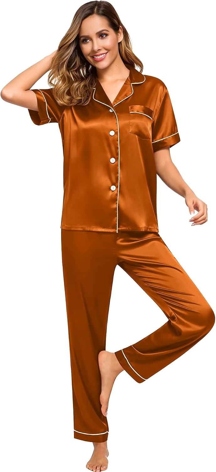 image:imageSWOMOG Women Satin Pajamas Set Short Sleeve Top amp Pants Sleepwear Silky Button Down Nightwear 2pcs Loungewear Pjs SetBurnt Orange