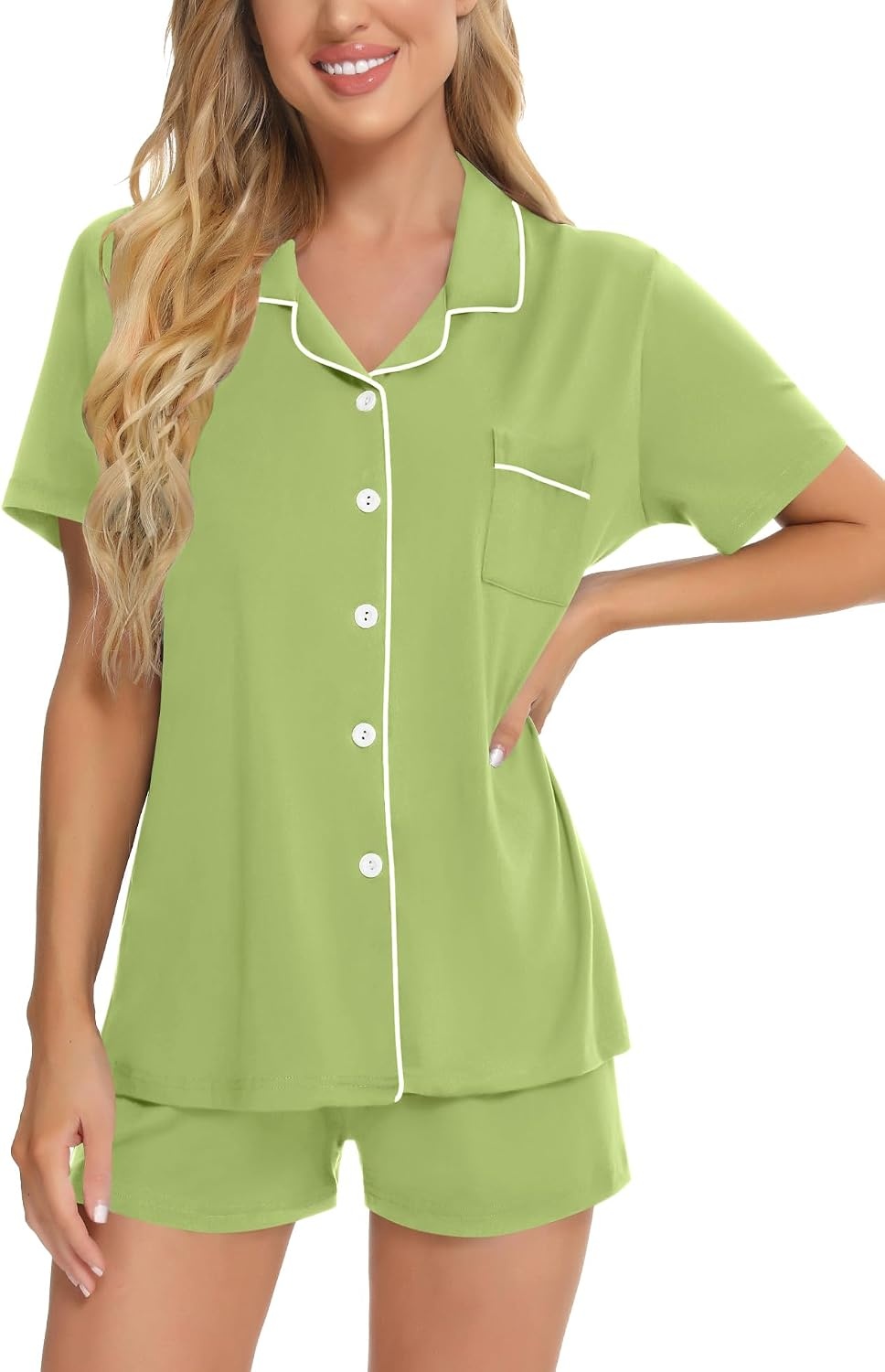 image:imageSWOMOG Womens Button Down Pajamas Set Short Sleeve Sleepwear Bride Soft Pj Lounge Sets XS3XLGrass Green