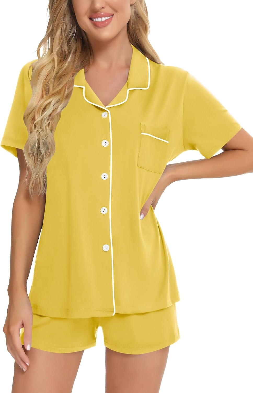 image:imageSWOMOG Womens Button Down Pajamas Set Short Sleeve Sleepwear Bride Soft Pj Lounge Sets XS3XLPale Yellow