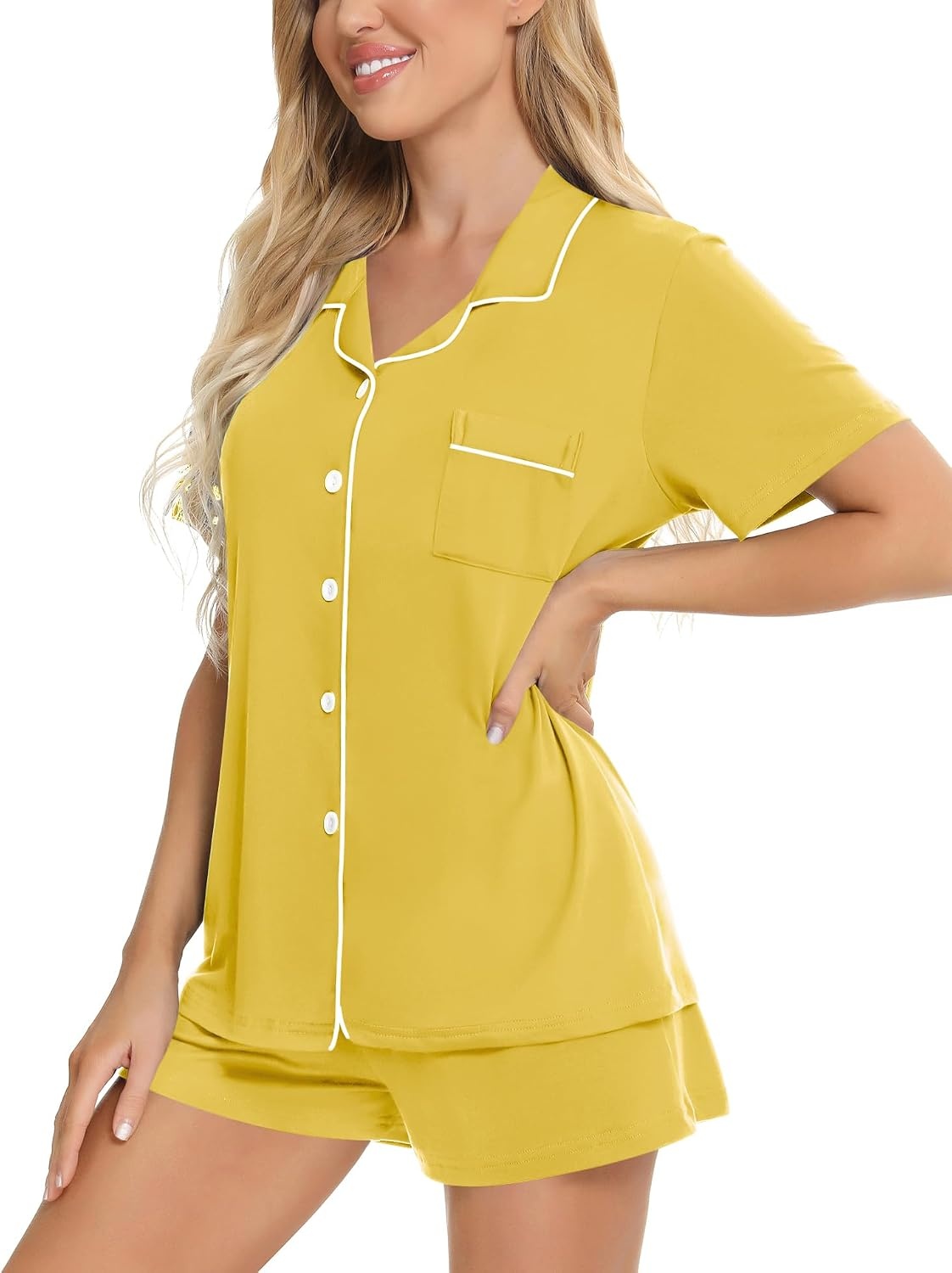 image:imageSWOMOG Womens Button Down Pajamas Set Short Sleeve Sleepwear Bride Soft Pj Lounge Sets XS3XLPale Yellow