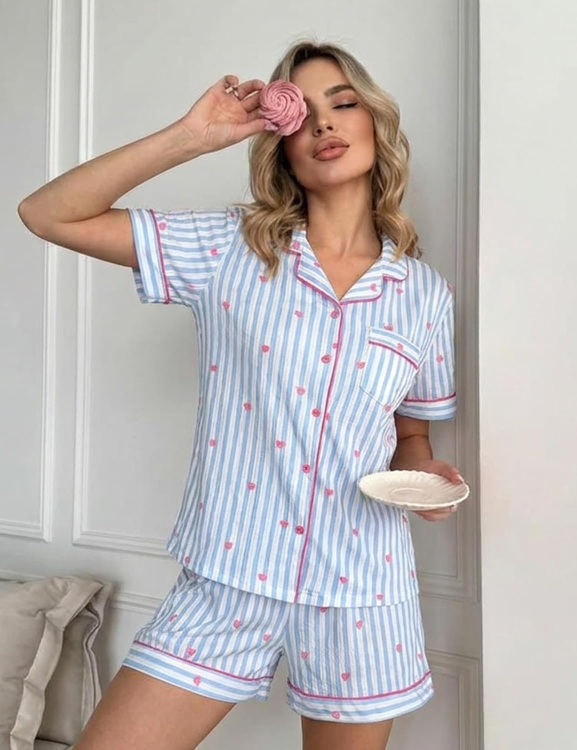image:imageSWOMOG Womens Pajama Sets Cute Ruffle Matching PJs Sleepwear Button Down Short Sleeve Loungewear 2 Piece PJ SetBluewhite1