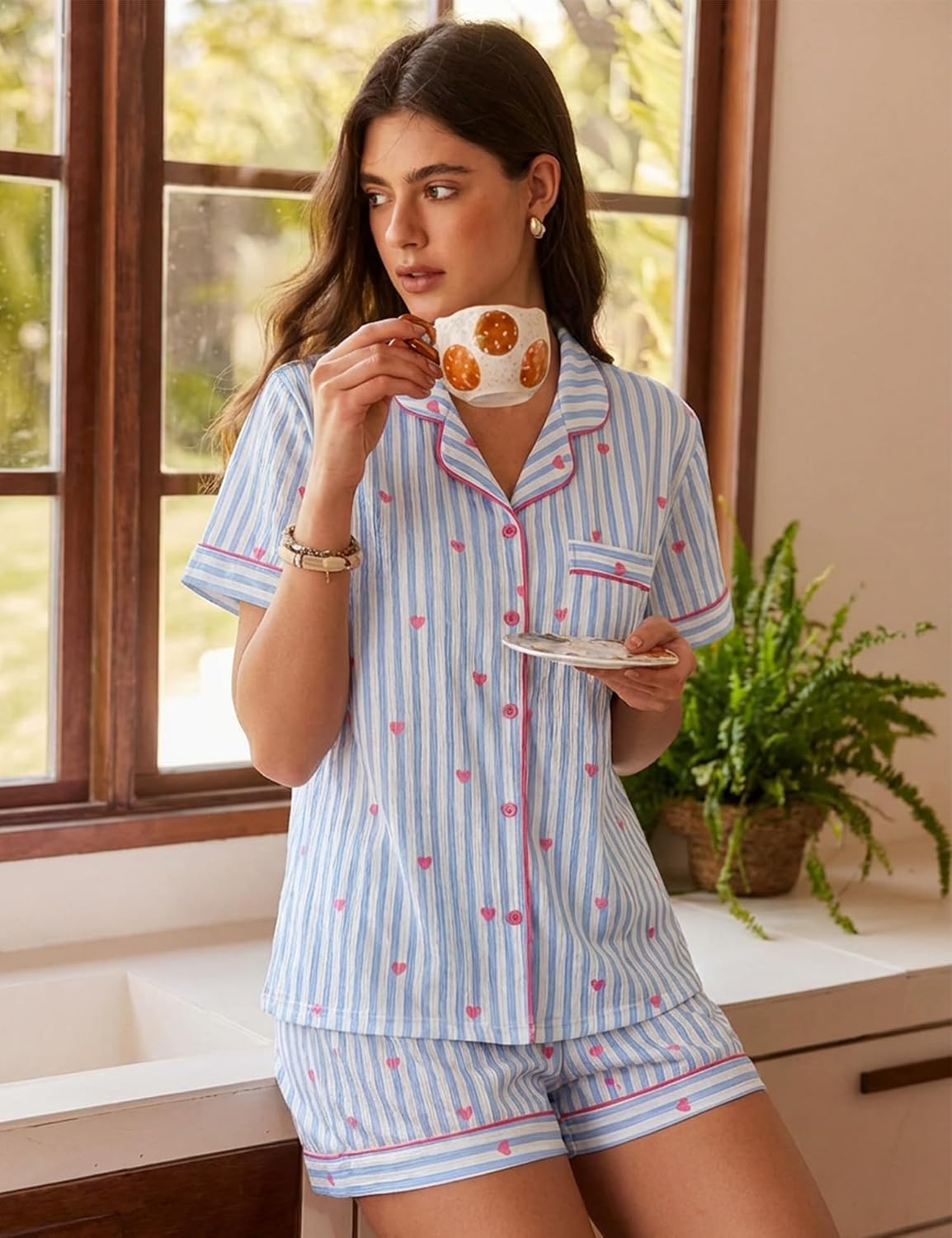 image:imageSWOMOG Womens Pajama Sets Cute Ruffle Matching PJs Sleepwear Button Down Short Sleeve Loungewear 2 Piece PJ SetBluewhite1