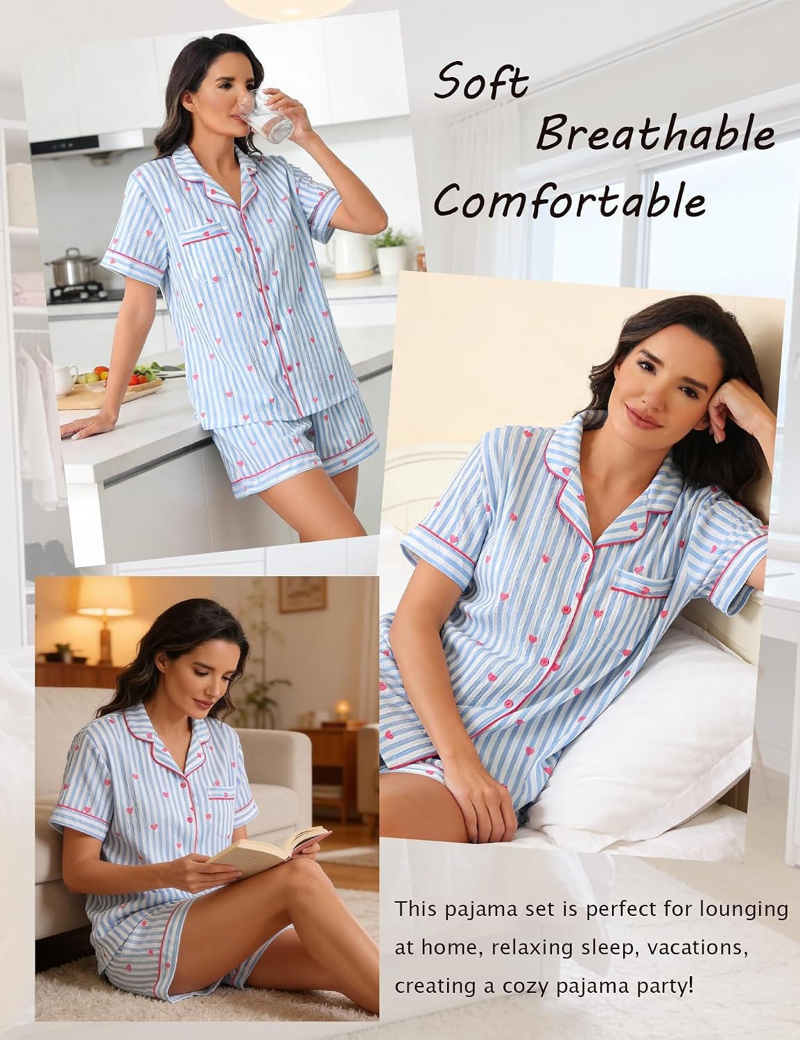 image:imageSWOMOG Womens Pajama Sets Cute Ruffle Matching PJs Sleepwear Button Down Short Sleeve Loungewear 2 Piece PJ SetBluewhite1