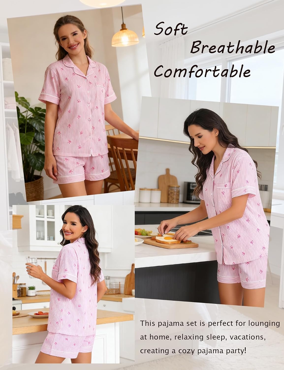image:imageSWOMOG Womens Pajama Sets Cute Ruffle Matching PJs Sleepwear Button Down Short Sleeve Loungewear 2 Piece PJ SetPinkwhite1