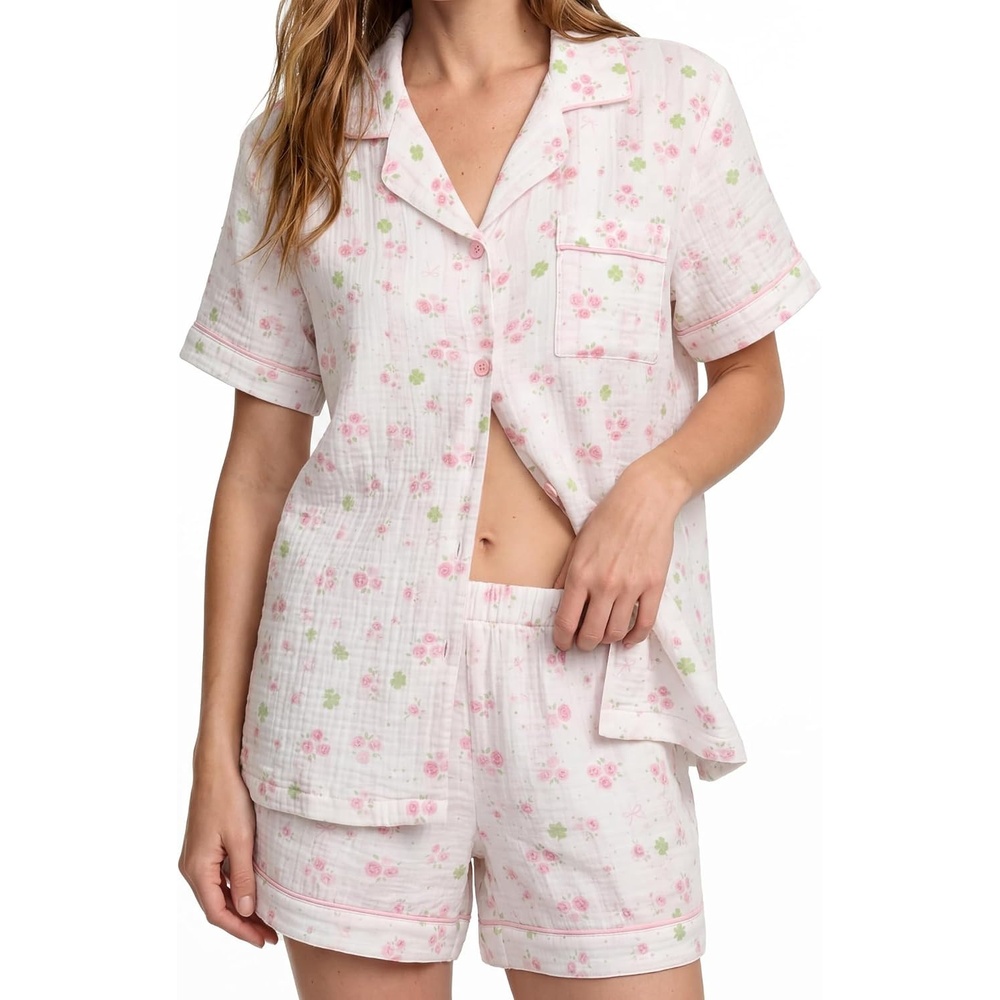 image:imageSWOMOG 100 Cotton Pajamas for Women Cute Floral 2 Piece Button Down Sleepwear Set with ShortsPink Rose Floral
