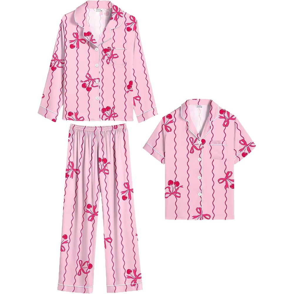 image:imageSWOMOG Girls Silk Pajama Button Down Cute Print Kids PJs Sets Pant 3 pcs Toddler Sleepwear Lounge Sets with Short TopPink Stripes