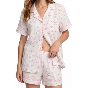 SWOMOG 100% Cotton Pajamas for Women Cute Floral 2 Piece Button Down Sleepwear Set with Shorts(Pink Rose Floral)