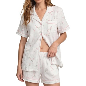 SWOMOG 100% Cotton Pajamas for Women Cute Floral 2 Piece Button Down Sleepwear Set with Shorts(White Bow Floral)
