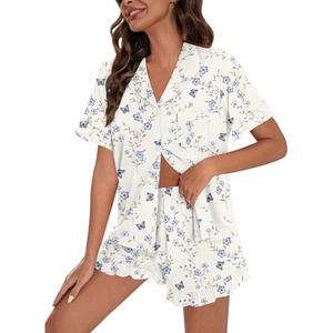 SWOMOG Woman Pajama Set Short Sleeve Pjs Set 2Pcs Short Pajamas Button Down Ruffle Hem Sleepwear Soft Modal Loungewear(Cream Blue Butterfly)