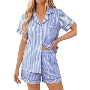 SWOMOG Women 2 Piece Pajamas Sets Short Sleeve Pj Sets Cute Printed Sleepwear Button Down Shirt with Lounge Shorts Set(Light Blue Striped)