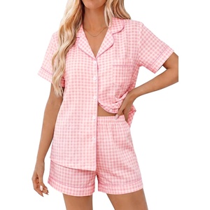 SWOMOG Women 2 Piece Pajamas Sets Short Sleeve Pj Sets Cute Printed Sleepwear Button Down Shirt with Lounge Shorts Set(Light Pink Plaid)