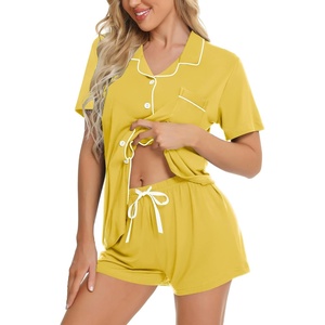 SWOMOG Womens Button Down Pajamas Set Short Sleeve Sleepwear Bride Soft Pj Lounge Sets XS-3XL(Pale Yellow)