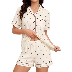 SWOMOG Women’s Pajama Sets Cute Ruffle Matching PJs Sleepwear Button Down Short Sleeve Loungewear 2 Piece PJ Set(Beige Cherry-1)