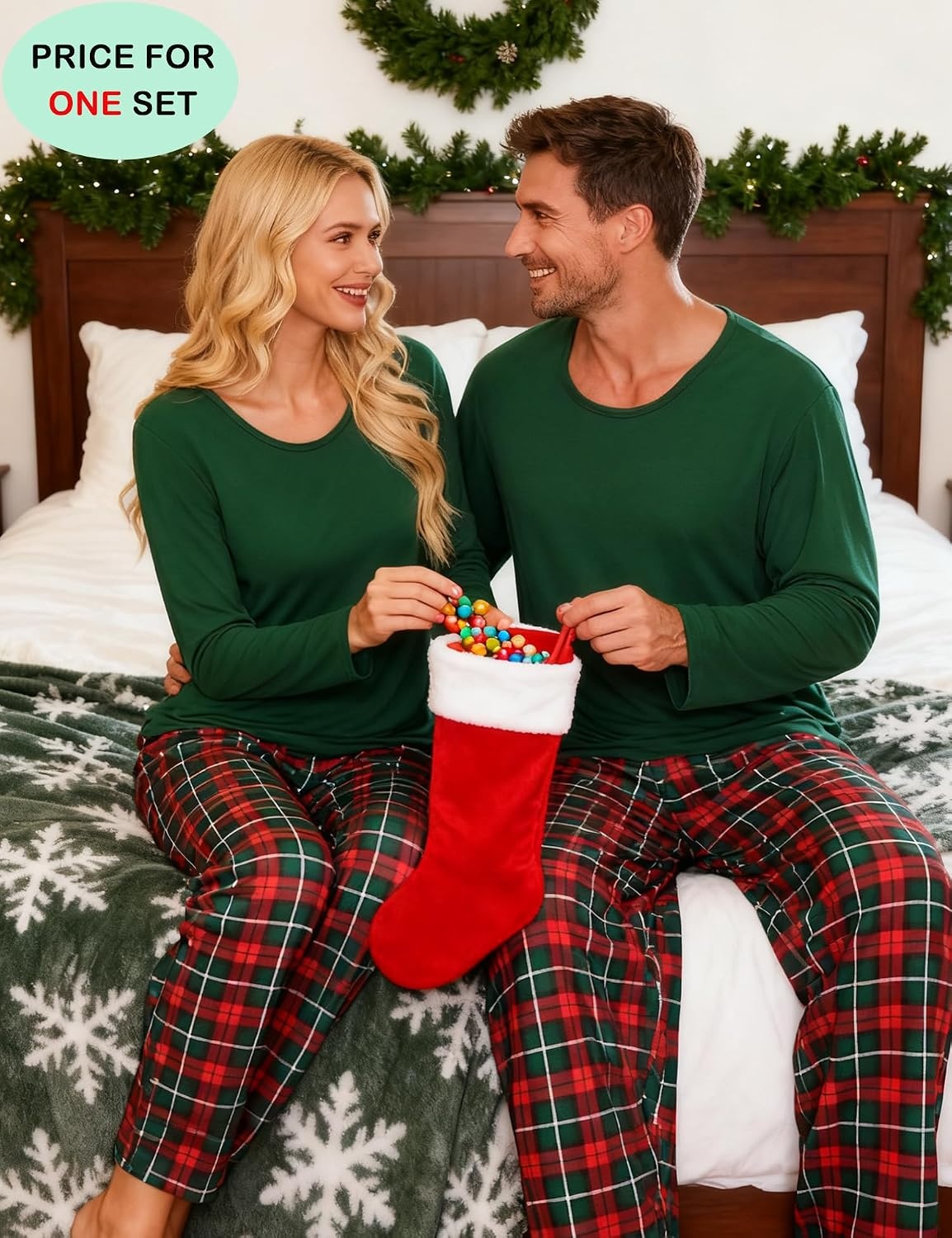 image:imageSWOMOG Christmas Pajamas Set for Couples Long Sleeve Sleepwear Women amp Men Matching Pjs Set Loungewear SetDeep Green Solid Top