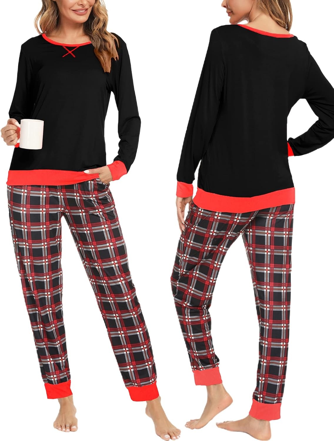 image:imageSWOMOG Couples Pajamas Set Women amp Men Long Sleeve Sleepwear Pjs Top Plaid Pants Loungewear Set with PocketsBlack Black Plaid